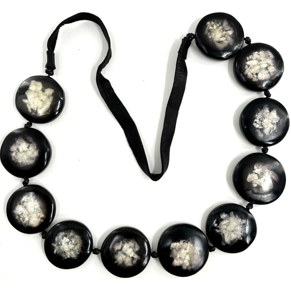 Vtg Artisan Necklace Black Resin Disc Iridescent Inlay Leather Cord